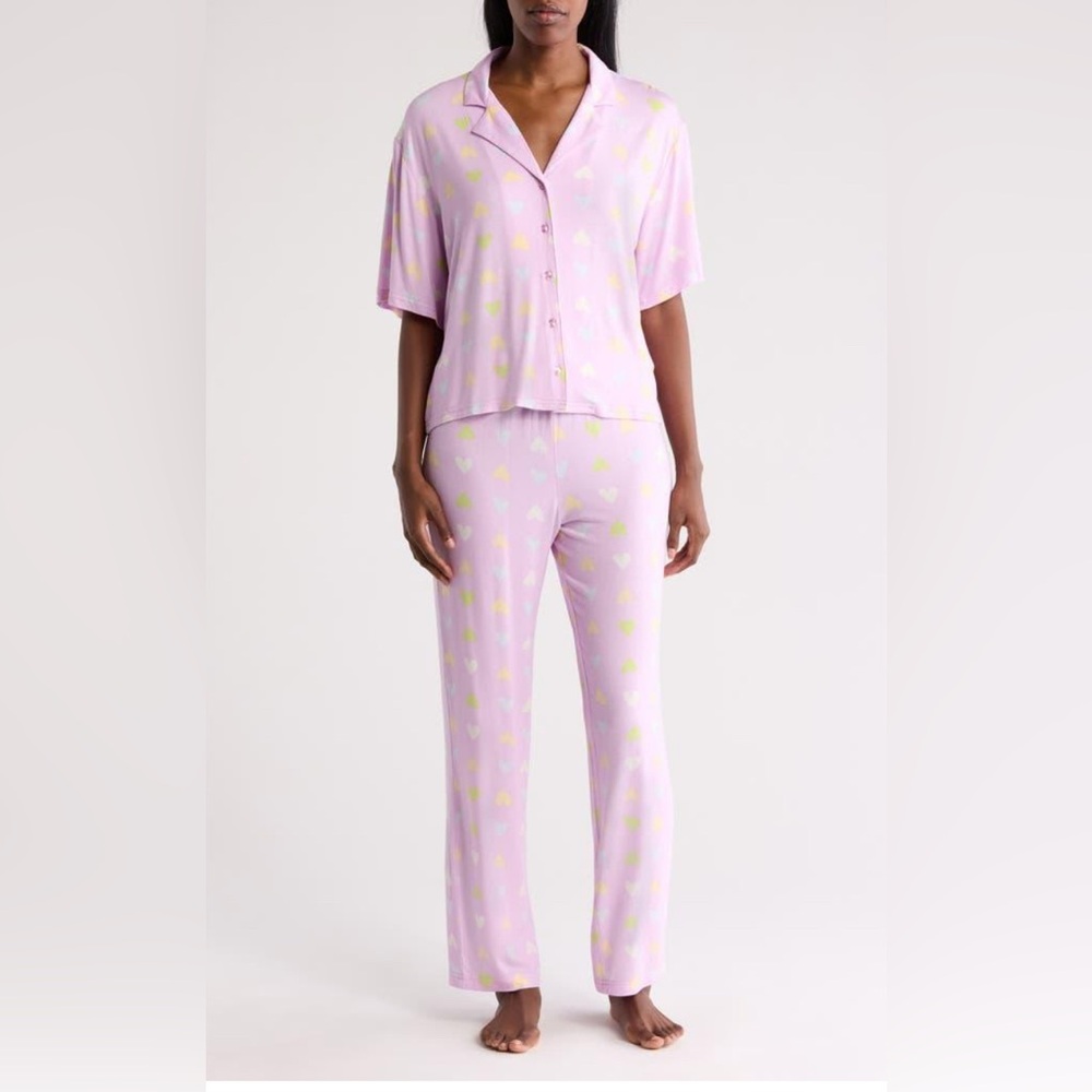 BP Nordstrom Pinkish Purple and Yellow Hearts Pajama Set Valentines PJ Pants Top